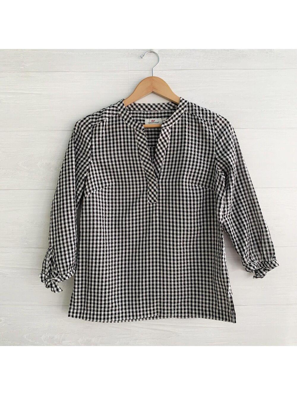 Vineyard Vines Black White Gingham V Neck 3/4 Sleeve Blouse Top XS